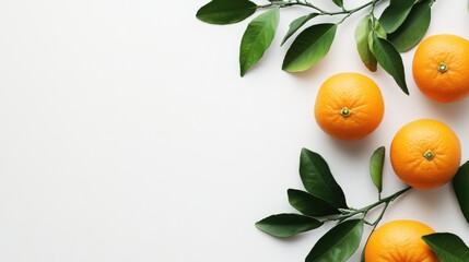 Fresh oranges with green leaves arranged on a white background with Copy Space for text placement.