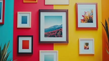 Colorful Gallery Wall with Framed Pictures and Copy Space for Text