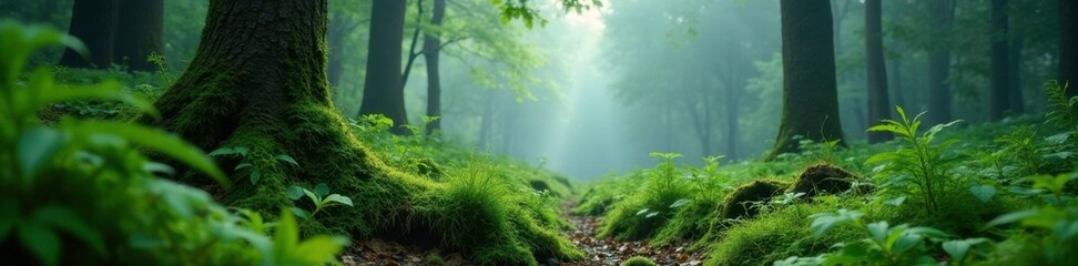 Forest floor with moss and ferns under misty canopy, landscape, nature