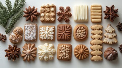 Fototapeta premium Decorative holiday cookies arranged on a white background with pine leaves and star anise Copy Space