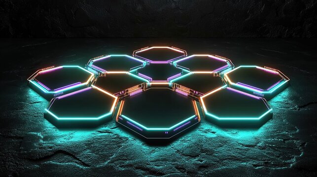A gleaming hexagonal data grid hovering flat above a textured black space