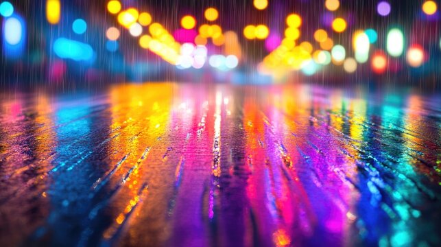Colorful Night Rain Reflections on Street with Blurred Bokeh Lights and Copy Space for Text