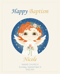 Happy Baptism. Invitation card with angel