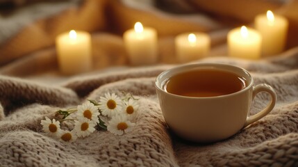 Cup of tea with chamomile flowers on knitted blanket with lit candles in background and Copy Space for text