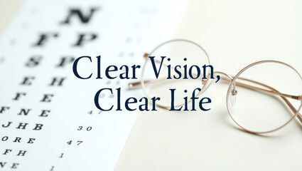 Close-up of eyeglasses next to an eye chart with an inspirational quote about vision and clarity