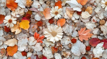 Autumn Leaves and Flowers in High Angle View Showcasing a Colorful Display of Dry Fluffy Foliage and Blossoms on Ground Pattern