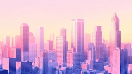 Fototapeta premium Modern city skyline with skyscrapers at sunset in pastel pink and purple tones Copy Space