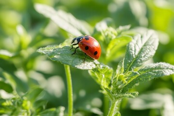 Bright red ladybug perched on a green leaf in a sunlit garden during springtime