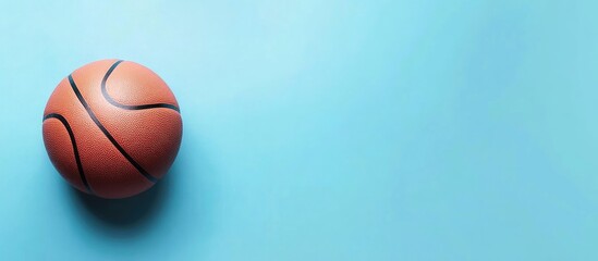 Fototapeta premium Basketball rubber sport ball on light blue background minimalist design with ample empty space for dynamic sports related text or messages