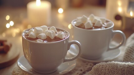 Fototapeta premium Cups of hot chocolate topped with marshmallows illuminated by candles with soft lights and cozy textures in background Copy Space