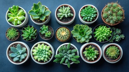 Variety of succulent plants and cacti in decorative pots arranged on a dark surface with Copy Space available for text placement