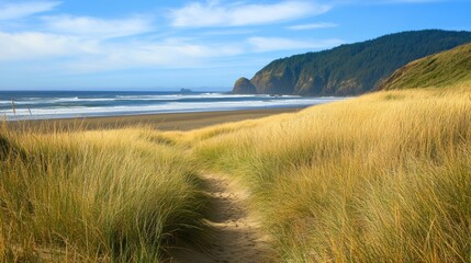 Coastal landscape with sandy path through tall grass leading to ocean waves and distant rocky formations under a blue sky Copy Space