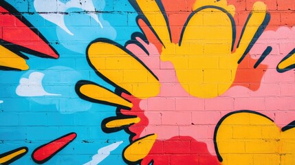 Colorful graffiti mural with explosion design on brick wall featuring vibrant colors and ample Copy Space for text placement