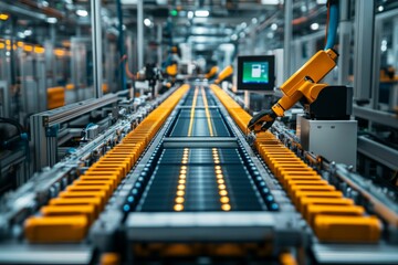 Modern automated assembly line in a factory showcasing robotic arms and a conveyor system in action