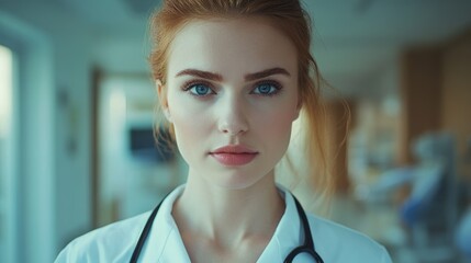 Professional female doctor in hospital environment confidently engaging with the camera while showcasing her expertise and empathy