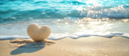 Beach wedding romance couple smiling by sparkling sea with heart shape on sand and empty space for personalized text or message