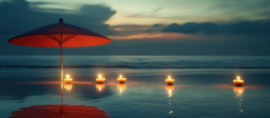 Tranquil Beach Sunset with Red Umbrella and Candles Illuminating Calm Waters Ideal for Relaxation and Promotional Text Space