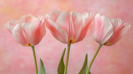 Fototapeta premium Pink tulips against a soft pastel background with copy space for text. Floral arrangement in a minimalist style.