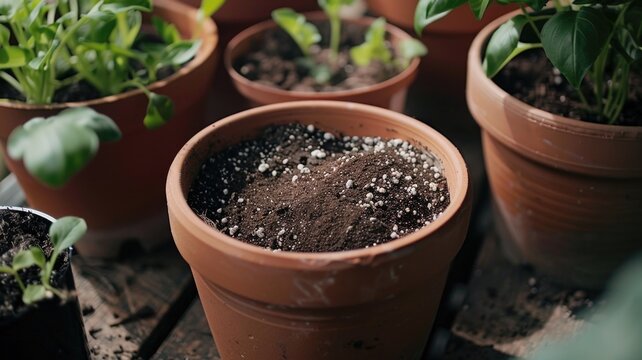 Nurture growth with organic potting soil in terracotta containers for indoor gardening
