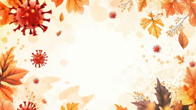 Autumn themed COVID-19 prevention banner with fall leaves and virus illustrations promoting health awareness during the season