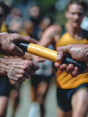 Closeup shot of a relay race baton exchange.  Two hands grasp the baton, emphasizing teamwork and competition.  Blurred background depicts runners in motion.