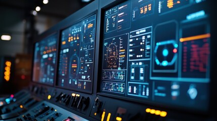 Obraz premium An intricate closeup of a control room wall adorned with several screens each dedicated to specific metrics like order fulfillment rates production capacity and customer satisfaction