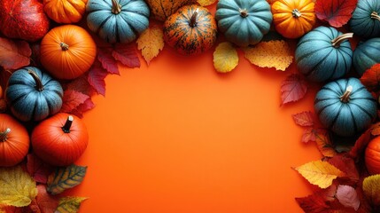 Obraz premium Colorful autumn arrangement of pumpkins and leaves on orange background with Copy Space for text insertion