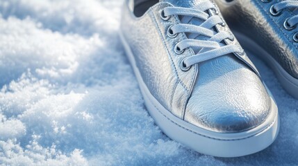 Silver metallic sneakers on snow showing detailed texture with copy space for text insertion
