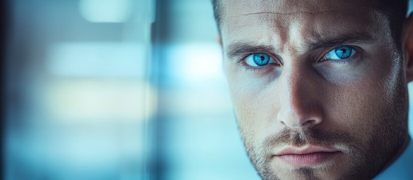 Determined man with intense blue eyes in a blurred office environment reflecting focus and concentration with space for text.