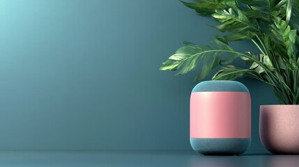 Modern home decor scene featuring a pastel colored vase and a green plant against a teal background with Copy Space.
