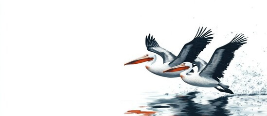 Pelicans diving into water with a serene reflection and ample empty space for text in a picturesque outdoor setting