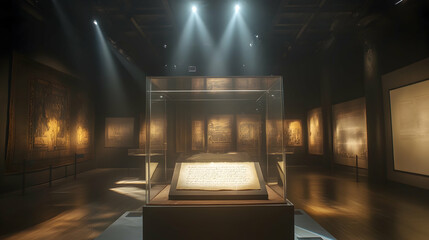 Certificate under glass on a museum pedestal, surrounded by spotlights and historical artifacts
