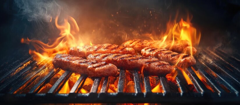 BBQ grill with sizzling meat over flames showcasing original designs and modern graphics with ample space for promotional text