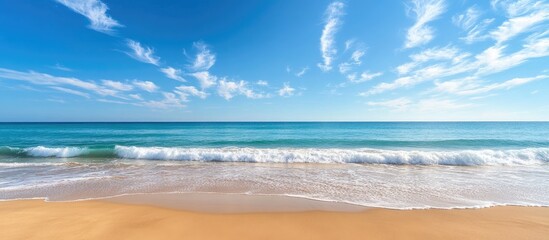 Serene beach landscape with clear blue skies and gentle waves inviting summer relaxation and leisure activities.