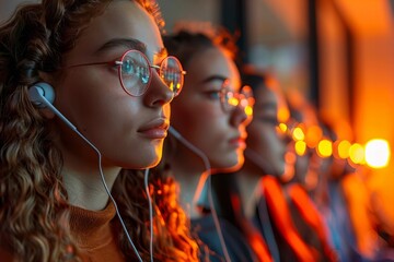 Title: Call Center operations with Young Customer Service Executives Wearing Earphones