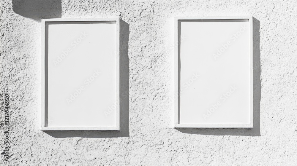 Poster asymmetrical white stucco wall featuring two empty rectangular frames casting shadows on a textured 