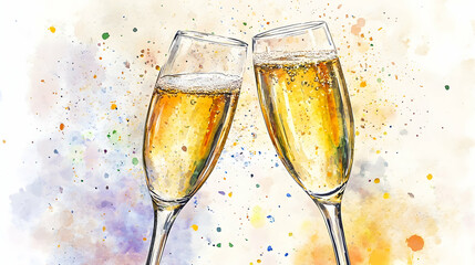Champagne glasses clinking together in toast, elegant watercolor illustration celebrating success.illustration