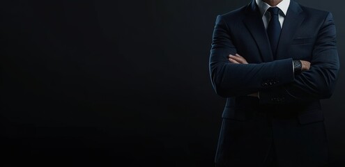 a businessman in a dark blue suit with arms crossed on a black background, with no face visible Web banner with copy space Generative AI