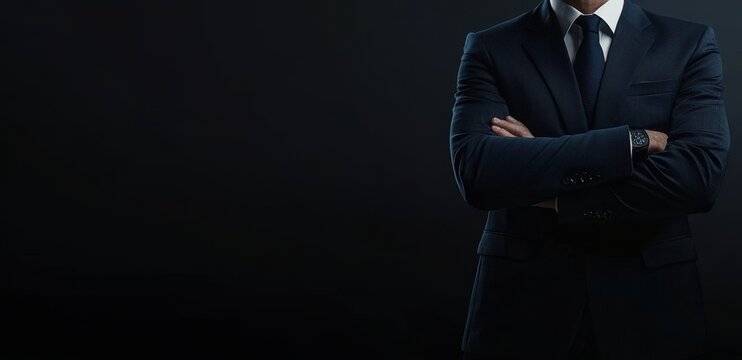 a businessman in a dark blue suit with arms crossed on a black background, with no face visible Web banner with copy space Generative AI
