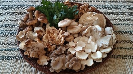 Fototapeta premium Variety of wild mushrooms displayed on a woven plate highlighting their culinary diversity and natural aesthetics