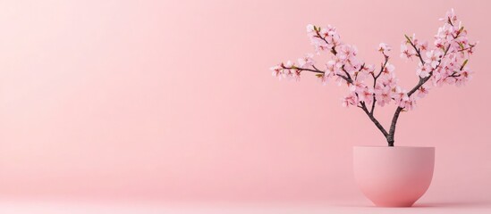 Cherry blossom branches in a minimalist pink vase against a soft pink background with Copy Space for design elements.