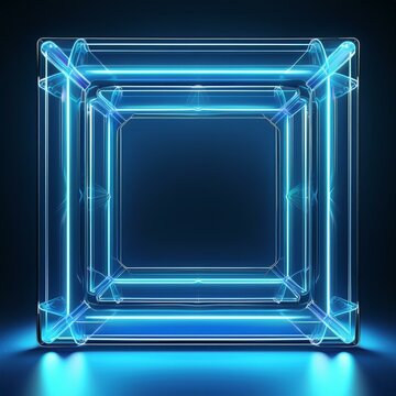 Generated imagecadres en verre n&eacute;on avec &eacute;l&eacute;ments g&eacute;om&eacute;triques luminescents - formes translucides bleues aux bordures rayonnantes sur fond sombre.