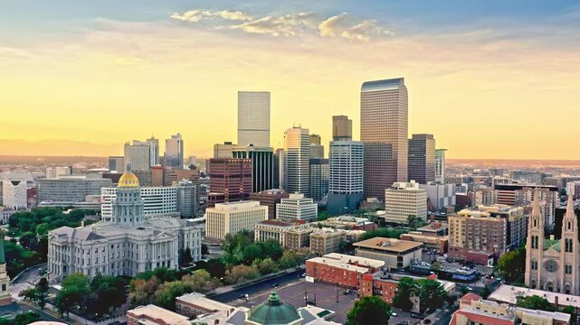 Aerial view of Colorado Capitol and Denver, Colorado skyline at sunset with slow rotation and panning motion. Denver is the capital, and most populous city of the US state of Colorado
