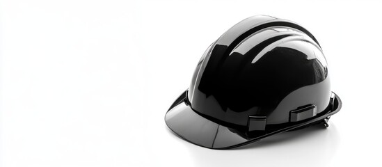 Black safety helmet with glossy finish on white background featuring ample copyspace for text placement and advertising purpose.