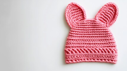 Pink crochet baby hat with bunny ears on a white background with ample copy space.