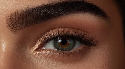 Fototapeta premium Close up of a female eye showcasing long false lashes and well-defined brows emphasizing beauty and femininity with space for text overlay