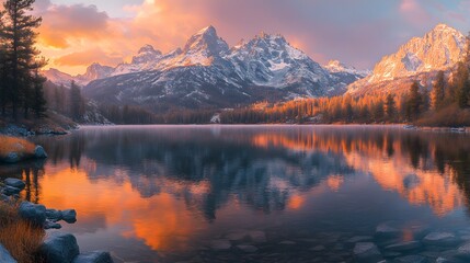 Tranquil Lake with Snow-Capped Mountains at Sunrise – Generative AI