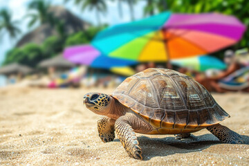 Obraz premium Turtle strolling along the beach under a vibrant umbrella, surrounded by clear skies and a peaceful, beachy atmosphere