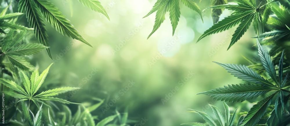 Poster green leaves with gentle bokeh background and copy space for text or design elements
