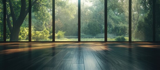 Naklejka premium Spacious modern living area with dark wood flooring and large windows showcasing a lush garden inviting natural light and potential design ideas